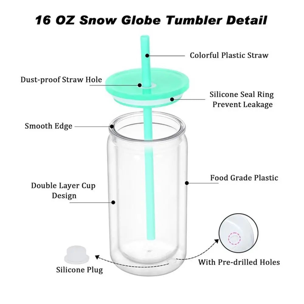 Creative 16oz Capacity Mason Jar Cups Reusable Double Layers Water Bottles Break-Resistant Snow Globe Tumbler Holiday Gifts