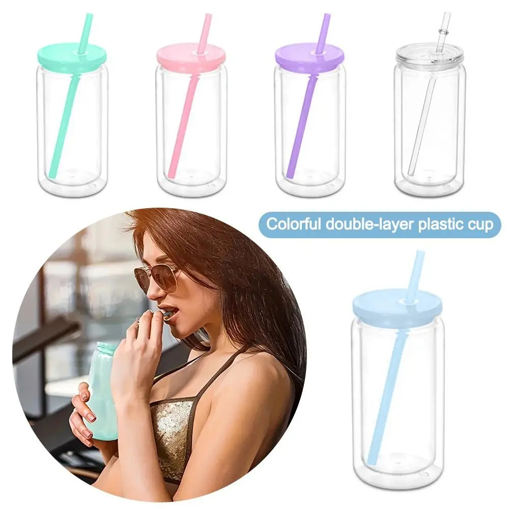 Creative 16oz Capacity Mason Jar Cups Reusable Double Layers Water Bottles Break-Resistant Snow Globe Tumbler Holiday Gifts