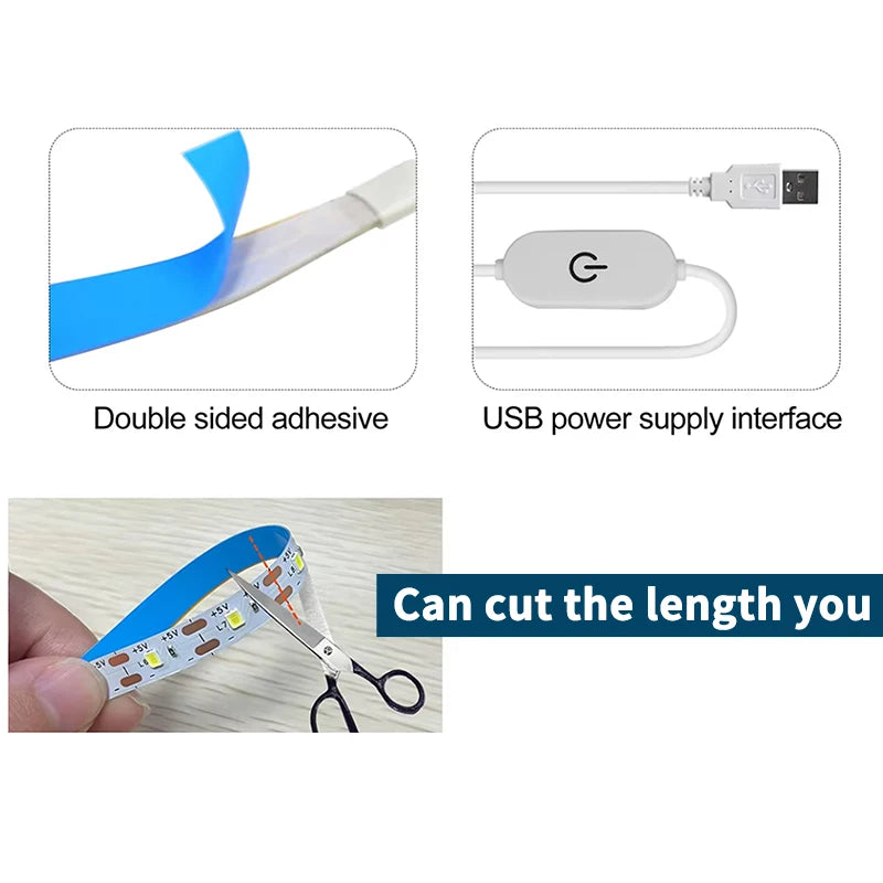 5V USB 2835 LED Strip Light 60LEDs/M With Touch Dimmer Switch White Warm White Natural White Flexible Light Strip for Decoration